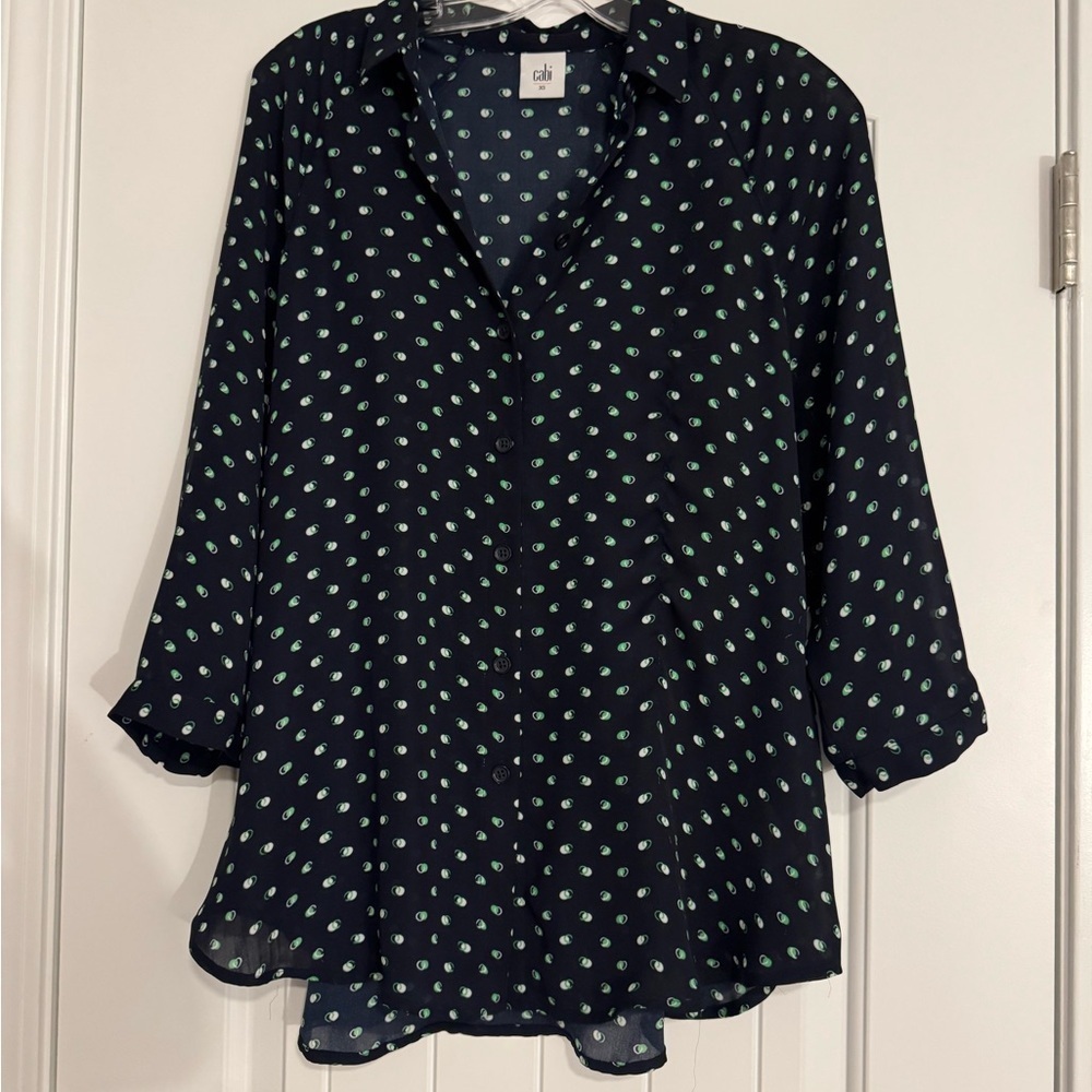 CAbi Dark Blue and Green Patterned Blouse